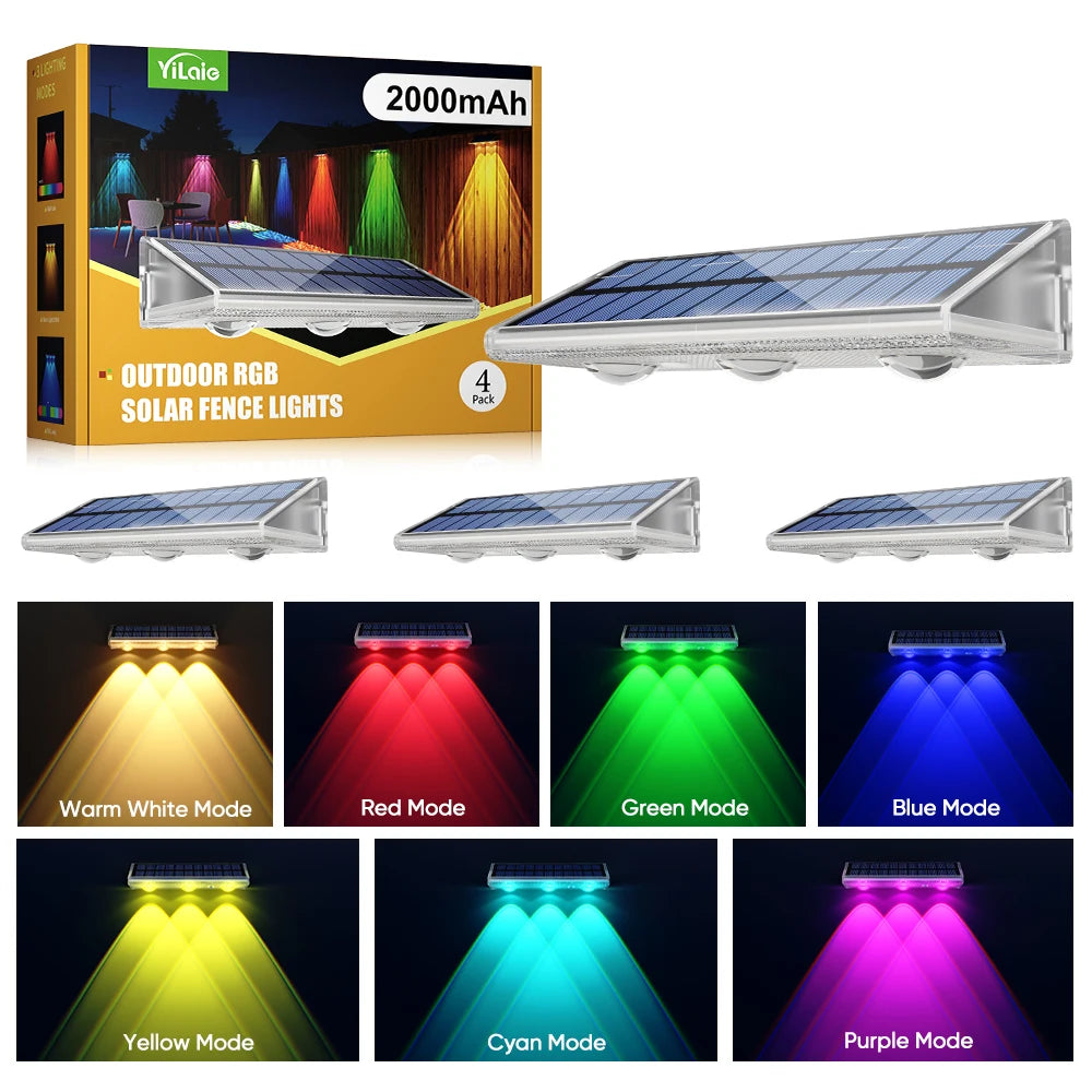 Quality Solar LED Fence Light IP66 Waterproof Auto ON OFF Warm White & 6 Colors & RGB Modes Solar Wall Lamp for Backyard Outside