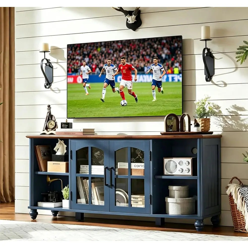 armhouse TV Stand or 60 Inch TV, Wood Entertainment Center with Adjustable Shelves & Glass Door Storage Cabinet,Teion Stands or