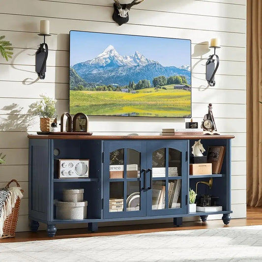 armhouse TV Stand or 60 Inch TV, Wood Entertainment Center with Adjustable Shelves & Glass Door Storage Cabinet,Teion Stands or